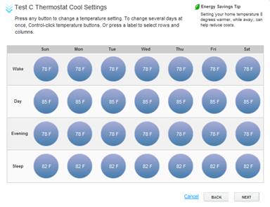 XFINITY Home Thermostat Scheduler - Test C Thermostat Cool Settings Screen