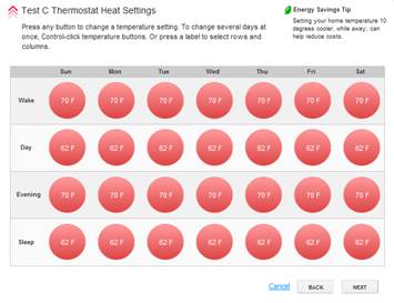XFINITY Home Thermostat Scheduler - Test C Thermostat Heat Settings Screen