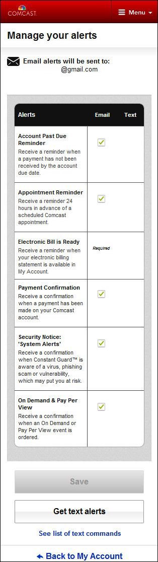 Alert types are listed vertically. Checkboxes for receiving the alerts appear to the right of each.