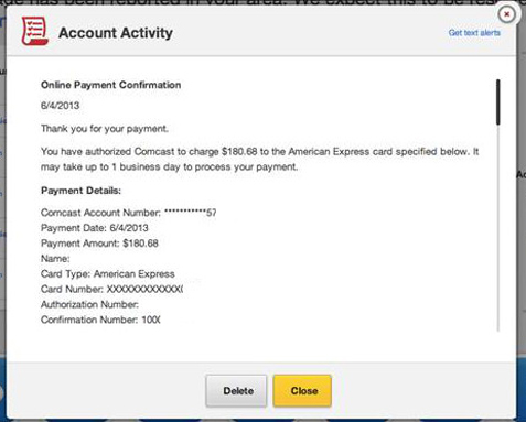 Account Activity screen displays details about the selected alert.