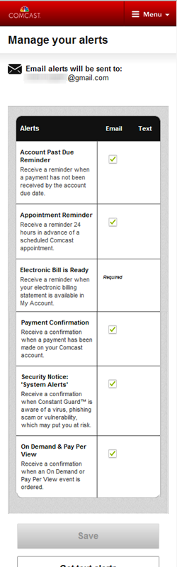 My Account on a Mobile Device: Manage your alerts Screen