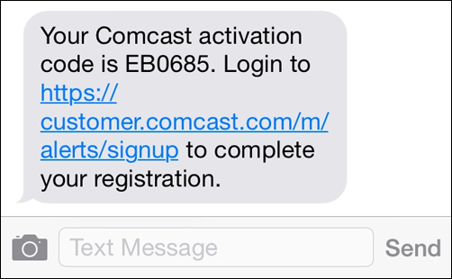 A text message provides a code and a link to enter the code and complete registration.