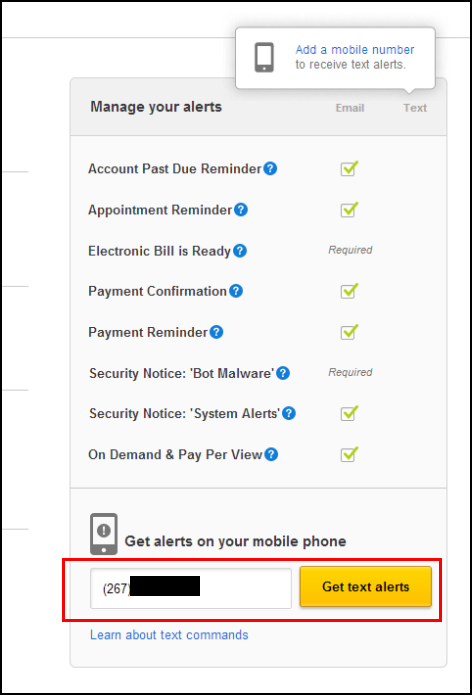 Manage Text Alerts from Comcast - Entering mobile number into Manage your alerts box