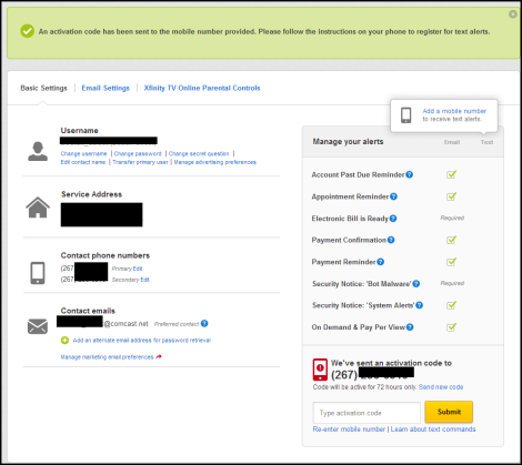 Manage Text Alerts from Comcast - screen indicating that activation code has been sent to mobile device
