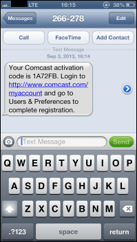Manage Text Alerts from Comcast - sample of activation code sent to mobile device via SMS