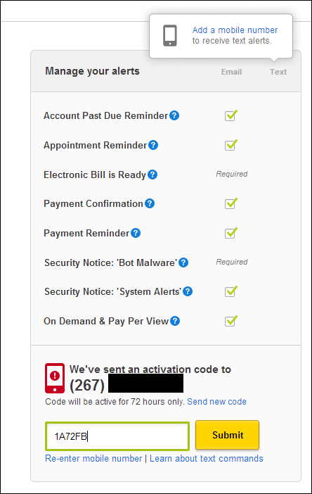Manage Text Alerts from Comcast - entering activation code into Manage your alerts box