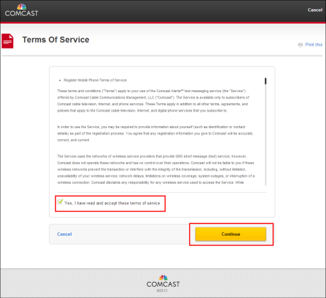 Manage Text Alerts from Comcast - Terms of Service screen