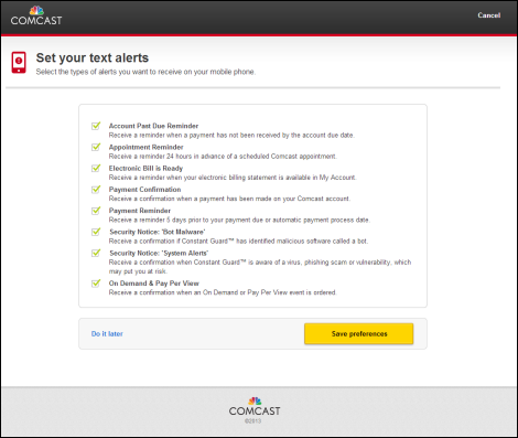 Manage Text Alerts from Comcast - selection of text alerts box
