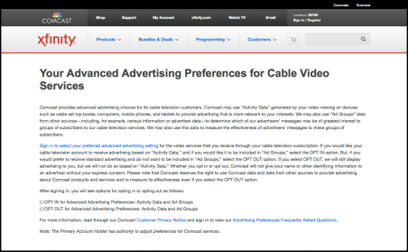 The page describes Advanced Advertising Preferences for Cable Video Services