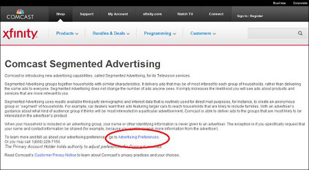 Comcast Segmented Advertising screen contains Advertising Preferences link.
