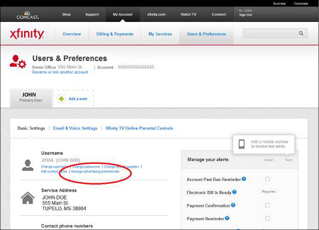 Users and Preferences tab - Manage advertising preferences link