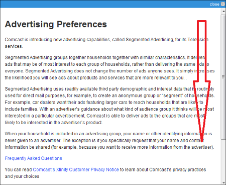 Screen presents details about Advertising Preferences