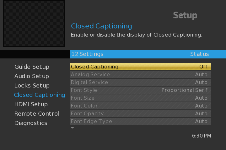 Option to select closed captioning and closed captioning options are displayed in the Setup menu.