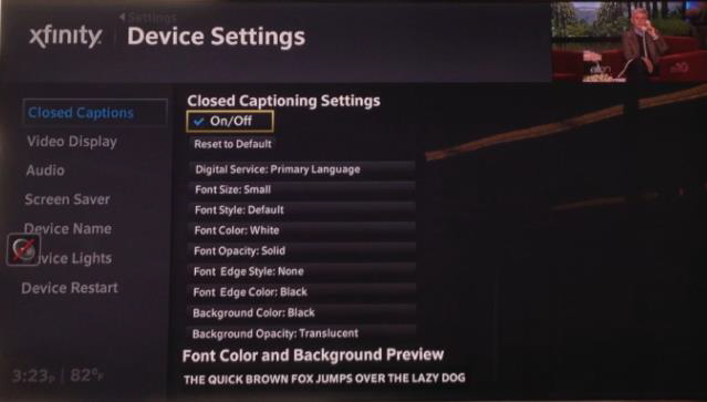 Device Settings displays with Closed Captioning Options