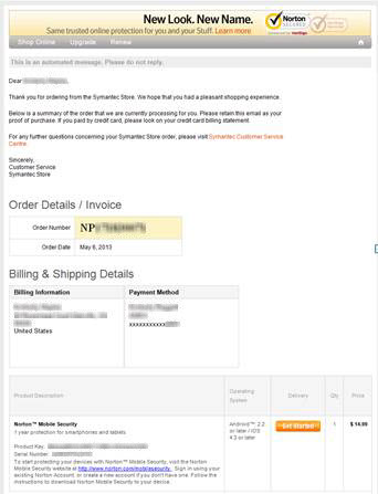 XFINITY Constant Guard - purchasing Norton Mobile Security from the Symantec website - confirmation email