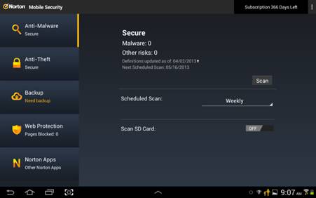 Norton Mobile Security Anti-Malware screen