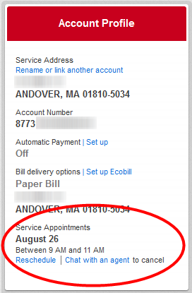 Reschedule link is located under appointment time in Account Profile box.