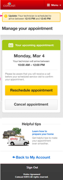 Manage Your Appointment screen offers button to reschedule appointment.