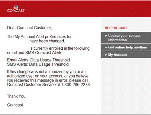 Email message confirms changes in Comcast Alerts preferences.