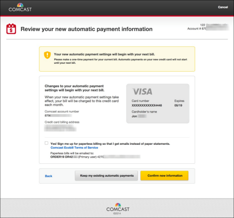 Screen confirms new payment information including credit card information and Comcast account information.