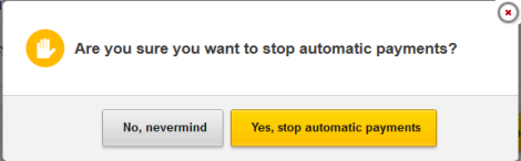 Message requests confirmation of stopping automatic payments.