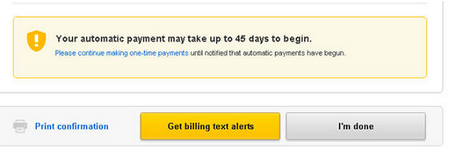 Message that automatic payment may take 45 days to begin.
