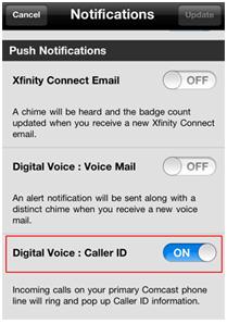 XFINITy Connect app push notifcations options screen.