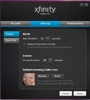 Caller ID screen appears with settings display to set snooze time.