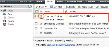 The XFINITY Connect email tab shows a copyright alert message from Comcast