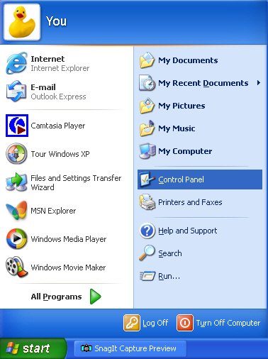 Windows XP Start window displays with prompt to select Control Panel.