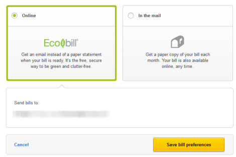Screen for choosing and saving bill preferences
