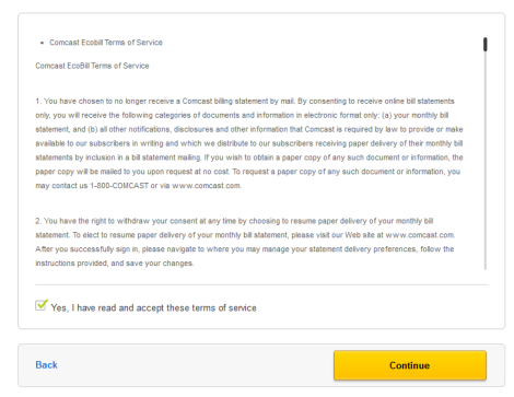 Ecobill Terms of Service screen includes checkbox to accept and button to continue.