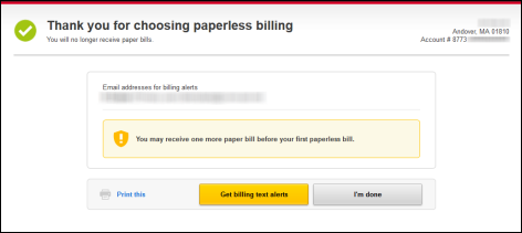 Confirmation message offers option to sign up for text alerts.