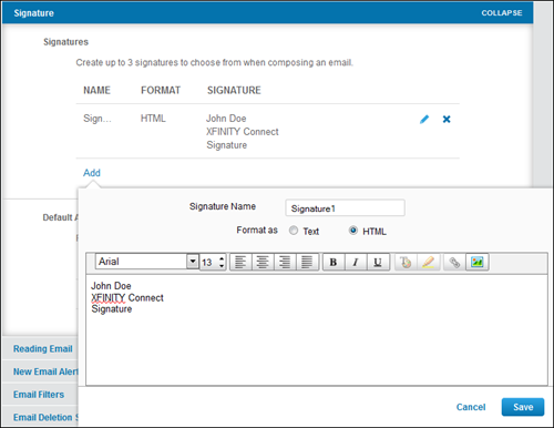 Existing signatures can be edited by clicking a pencil icon that appears to the right of the signature.