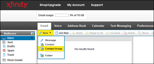 You can create a new contact group from the XFINITY Connect Inbox by clicking New under the Email tab and selecting Contact Group from the drop-down menu.