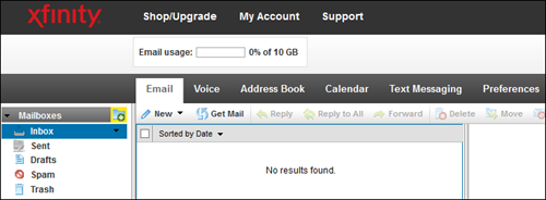 On the XFINITY Connect Inbox screen, the Mailboxes navigation bar appears on the right side of the screen. It includes the create a new folder icon, represented by a folder icon with a plus sign.