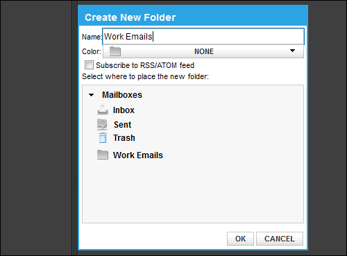The Create a New Folder pop-up allows you to name, color-code and place the new folder in relation to the other folders. There is also an RSS update option.