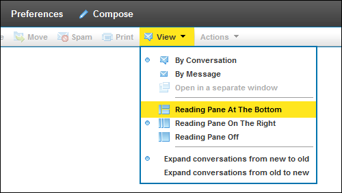 On the XFINITY Connect Inbox screen, the View option allows you to configure your screen in three ways.