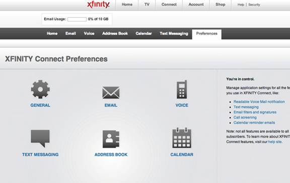 XFINITY Connect - Preferences screen