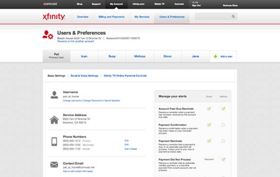 XFINITY My Account - Users & Preferences screen
