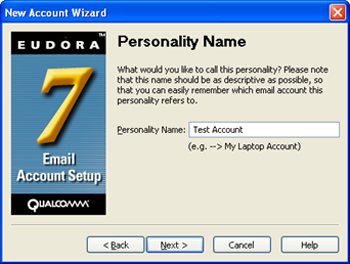 Eudora 7 - New Account Wizard - enter "Personality Name"