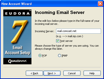 Eudora 7 - New Account Wizard - enter mail.comcast.net