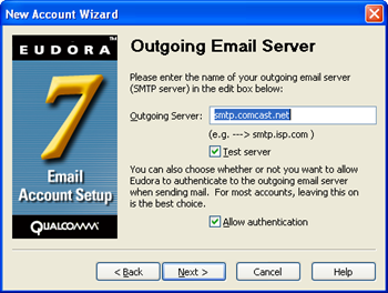 Eudora 7 - New Account Wizard - enter smtp.comcast.net