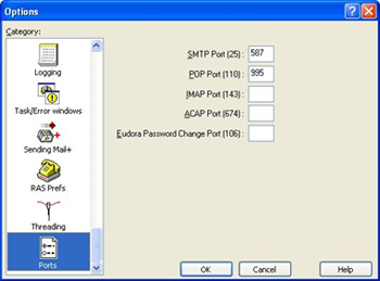 Eudora 7 - Ports settings options under Tools - Options