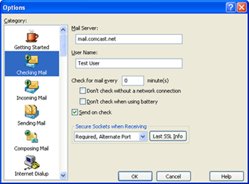Eudora 7 - setting Required, Alternate Port under Secure Sockets when Receiving (Receiving Mail)