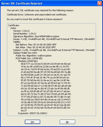 Eudora 7 - example of unknown SSL certificate