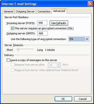 Microsoft Outlook - Internet email Settings - advanced tab