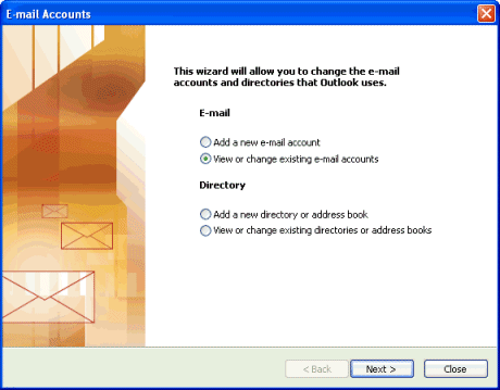 The View or change existing e-mail accounts option is selected