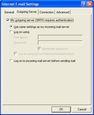 The box labeled My outgoing server (SMTP) requires authentication is checked and the option to Use same settings as my incoming mail server is selected