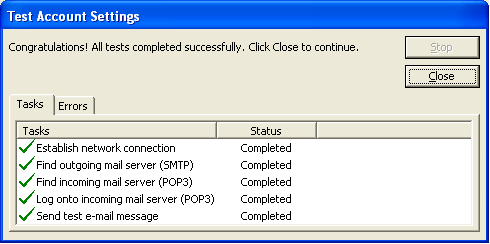 Green check marks are displayed next to configured items on the Test Account Settings screen